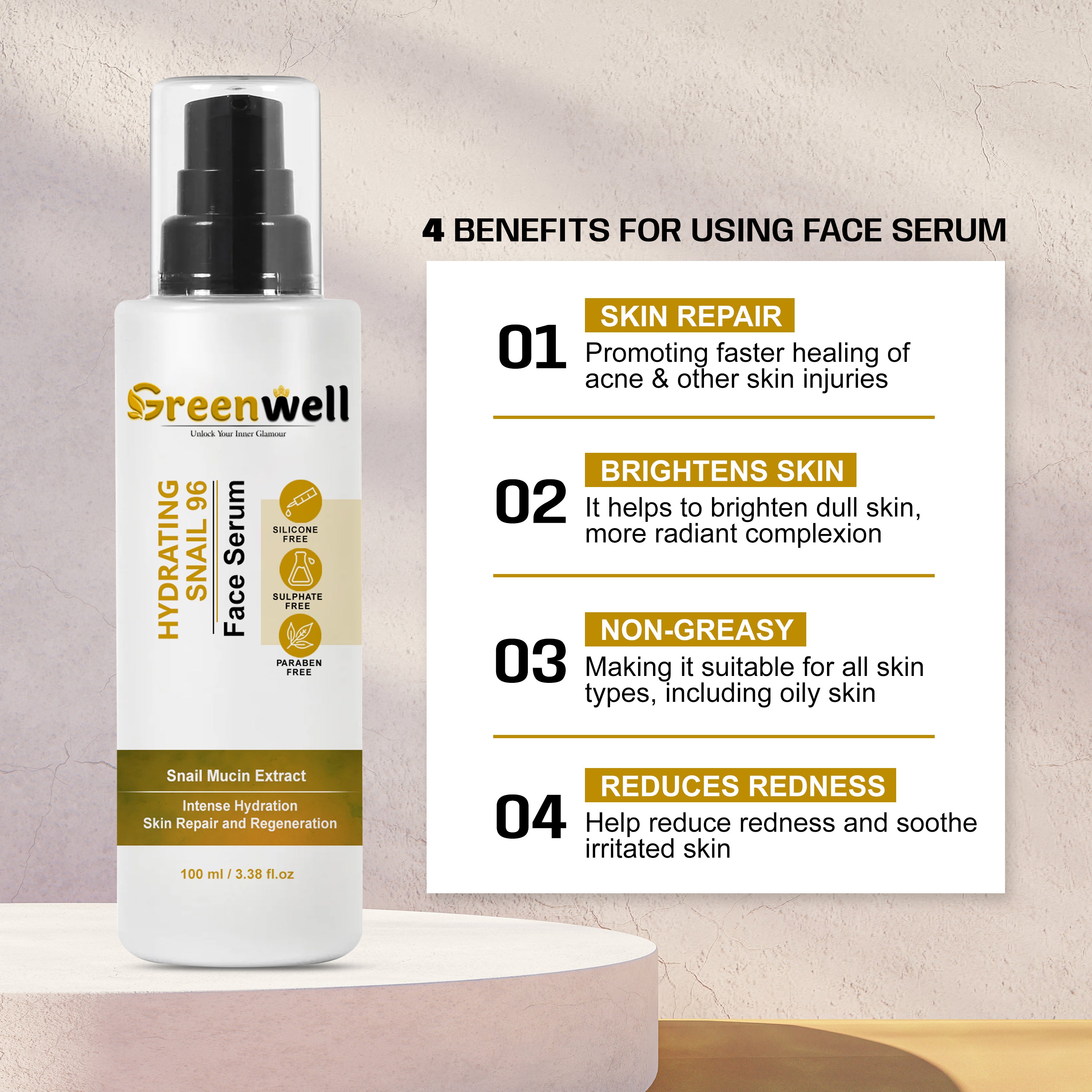 Snail Face Serum 96% for Hydration, Repair,Anti-Aging Benefits & RadiantSkin 100ml